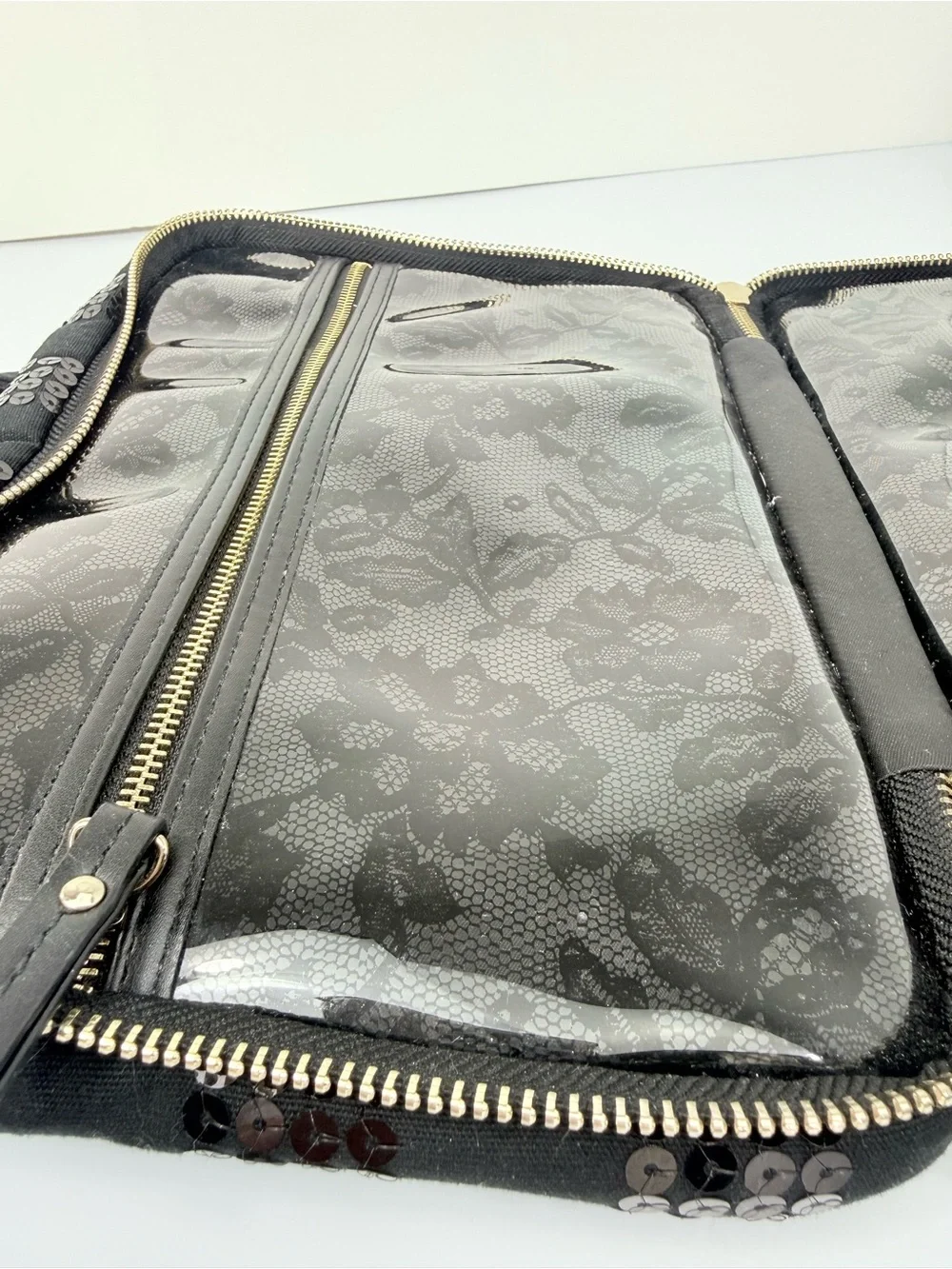 Victoria's Secret Black Canvas Sequin Stripe Double Handle Zip Toiletry Bag